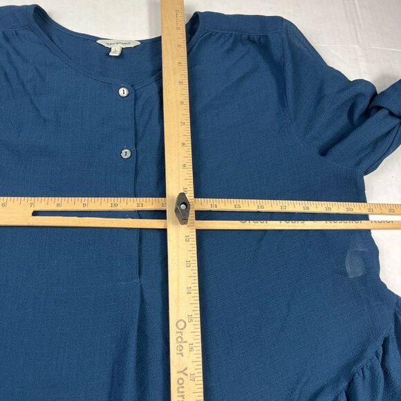 Max Studio Henley Peplum Blouse Blue Ruffled Bell Sleeve Peasant Flowy Shirt L - Picture 7 of 10